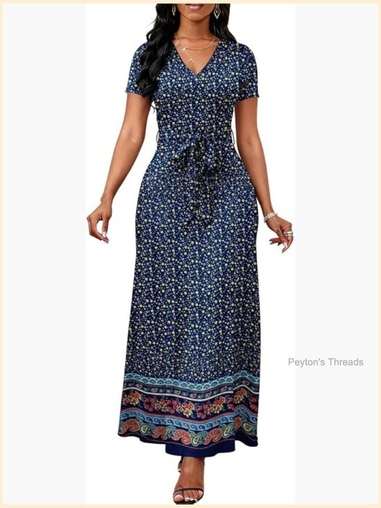 Dresses & Skirts - V-Neck Short Sleeve Maxi Dress with Self-Tie Belt and Pockets
